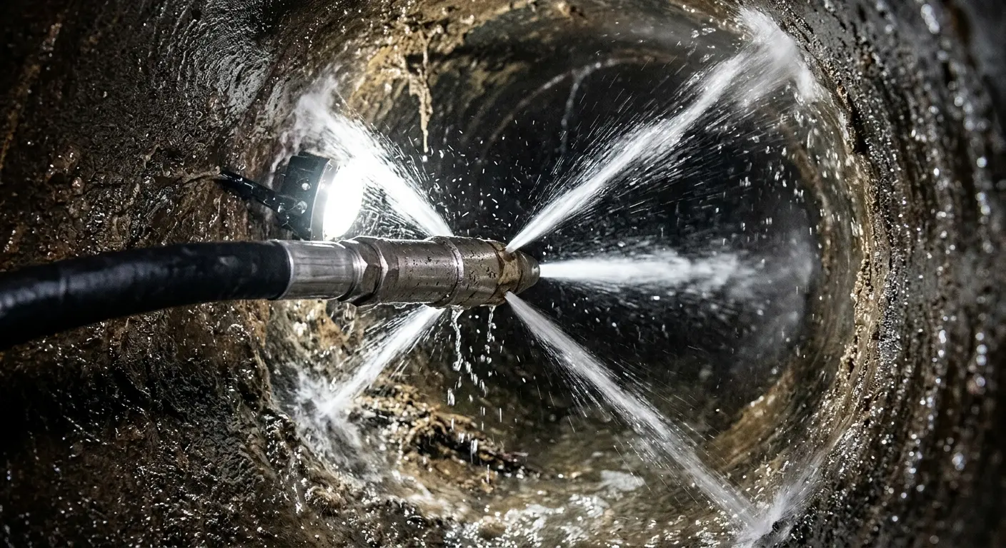 High-pressure hydro jetting nozzle cleaning sewer pipe for Storm Drain Cleaning in River Falls