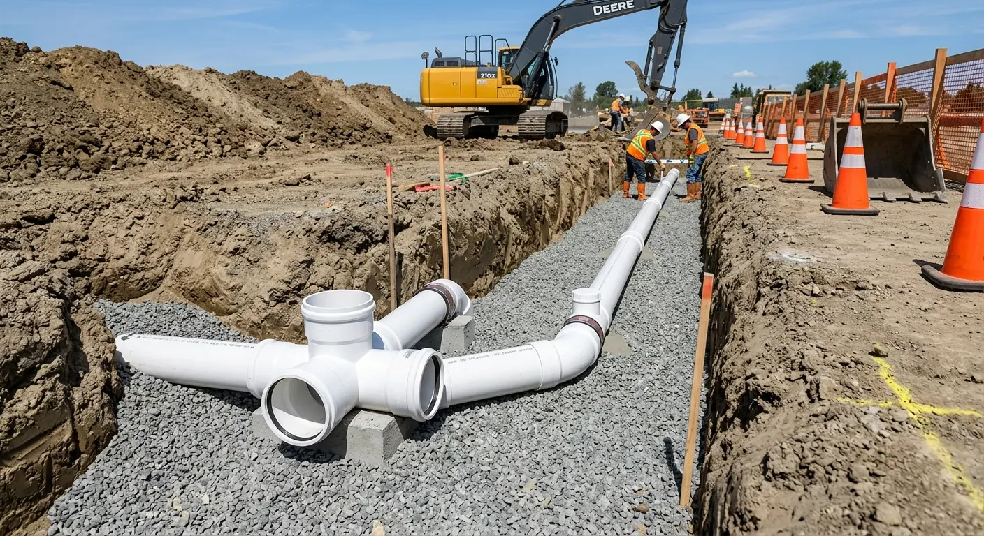 New PVC sewer pipe installation in open trench for Sewer Backup in River Falls