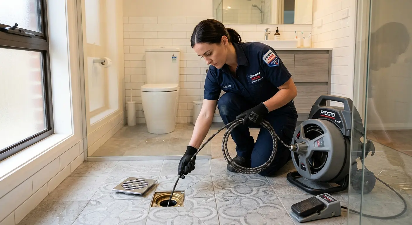 Technician clearing a bathroom floor drain for Hydro Jetting in River Falls